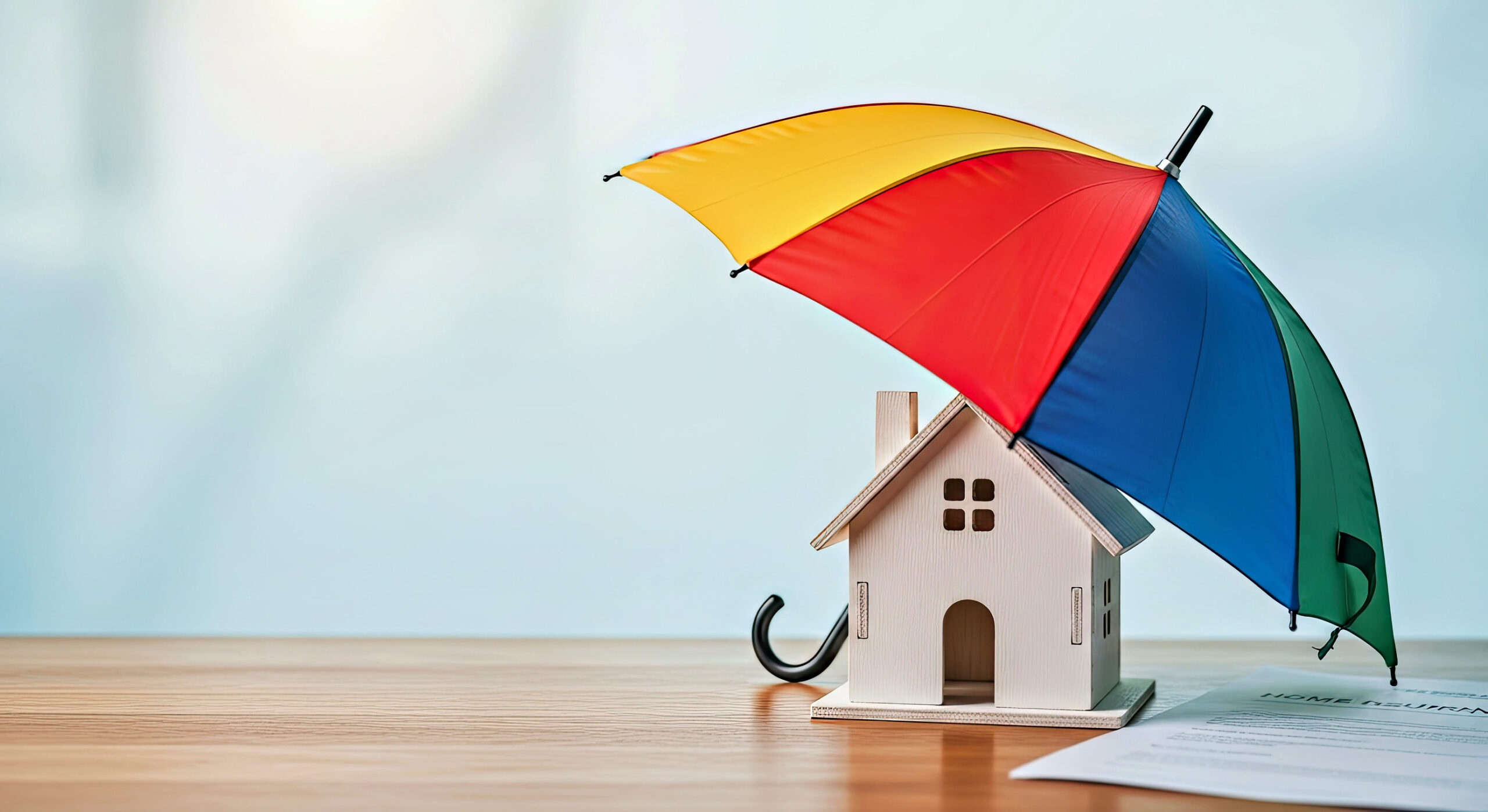 A small model house sits on a wooden table under a large, colorful umbrella, symbolizing protection. A document with unreadable text is partially visible beside the house. The background is softly blurred.