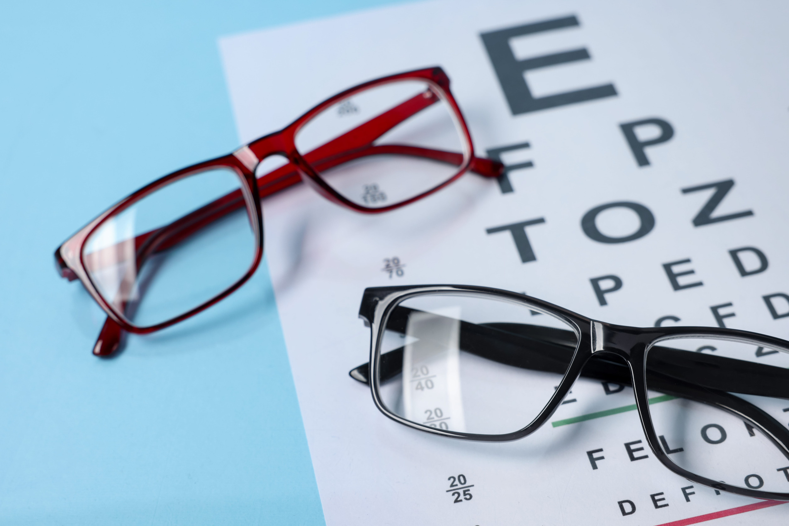 Two pairs of eyeglasses, one red and one black, rest on an eye chart with large black letters on a light blue background—an inviting reminder to make the most of your vision insurance benefits.